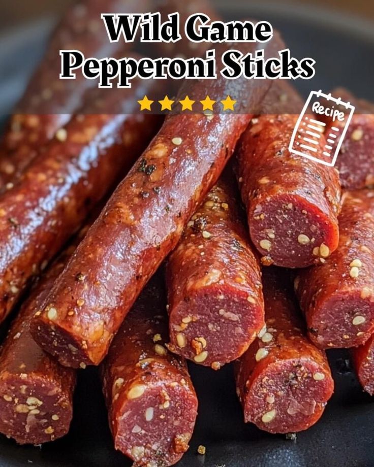 some very tasty looking sausages on a plate with the words wild game pepperoni sticks