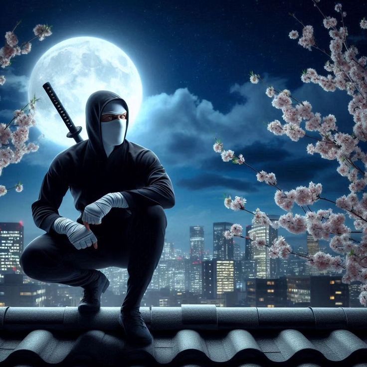 a man in a ninja suit holding a baseball bat on top of a roof next to cherry blossom trees