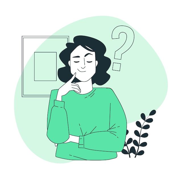 a woman sitting in front of a wall with question marks above her head and plant next to it