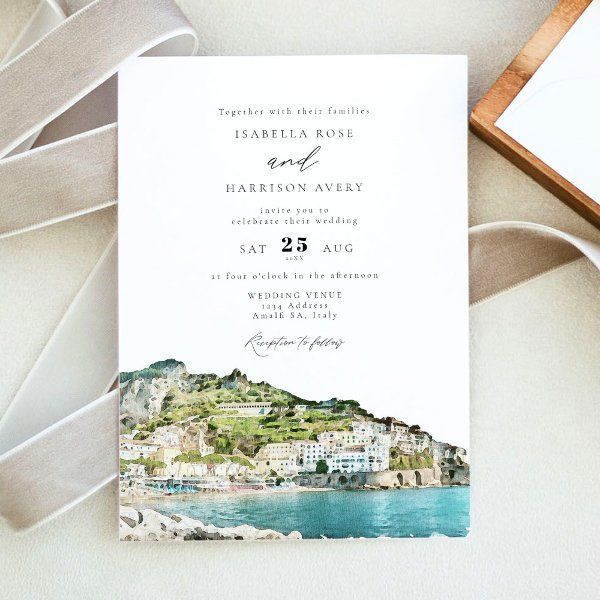 a wedding card with an image of the amalfa village in italy on it