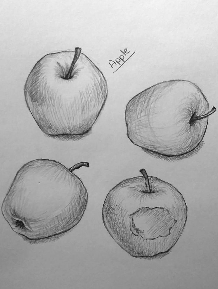 pencil drawing of four apples and one apple with the word hello written on it's side