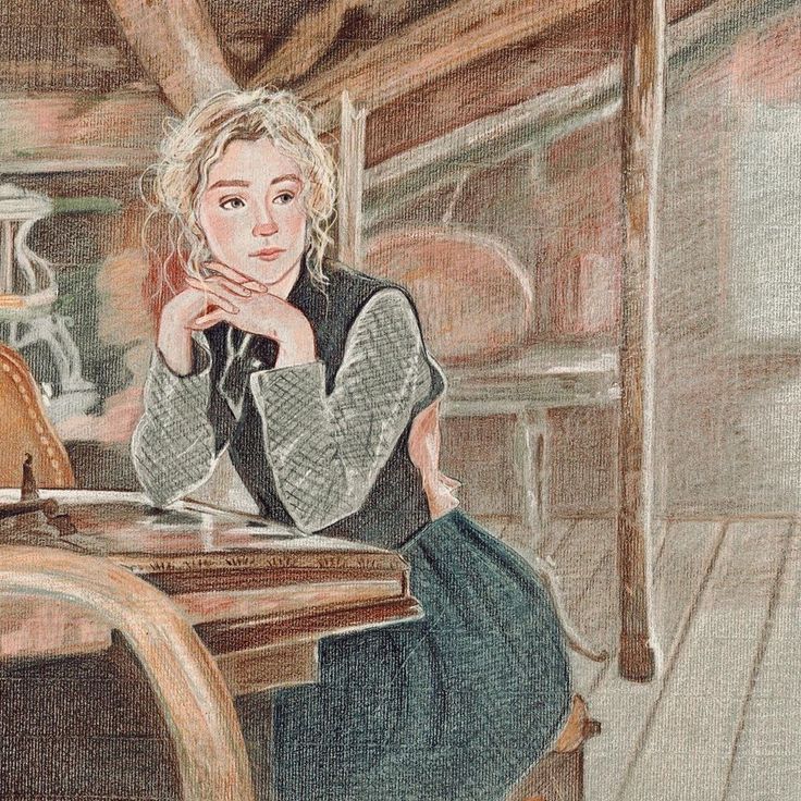 a drawing of a woman sitting at a table with her hand on her chin and looking off to the side