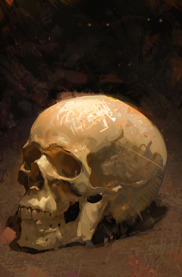 a painting of a human skull on the ground