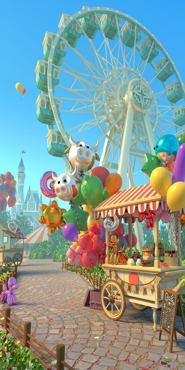 an amusement park filled with lots of colorful balloons and animals next to a ferris wheel