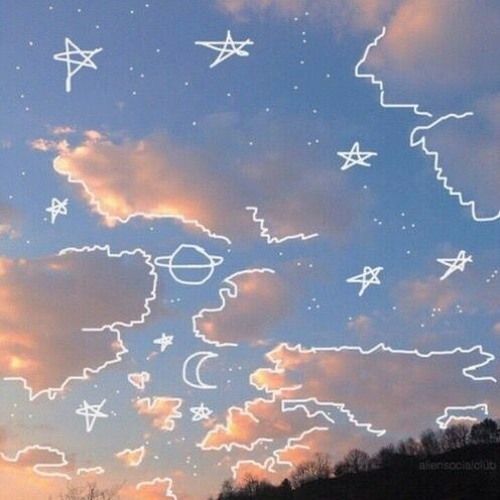 the sky is filled with stars and clouds in different colors, shapes and sizes as if they were drawn on paper