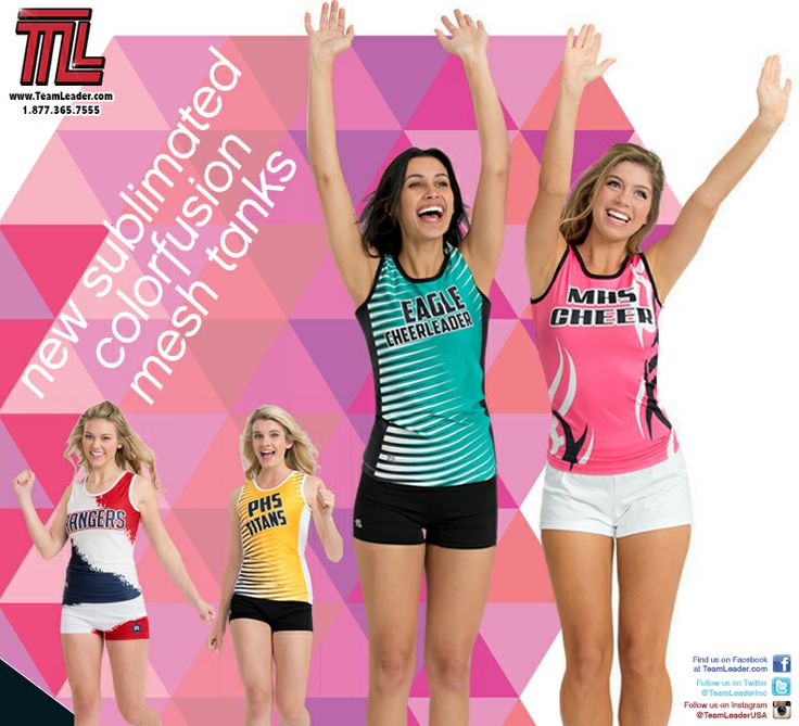 Check out TeamLeader's new #colorfusion #mesh #tanks! Cheerleading Short Sleeve Tops With Screen Print, Team-colored Tops With Graphic Print For Cheerleading, Cheerleading Activewear With Built-in Shorts, Varsity Short Sleeve Cheerleading T-shirt, Short Sleeve Cheerleading T-shirt With Screen Print, Cheer Uniform, Track And Field, Cheerleading, Mesh