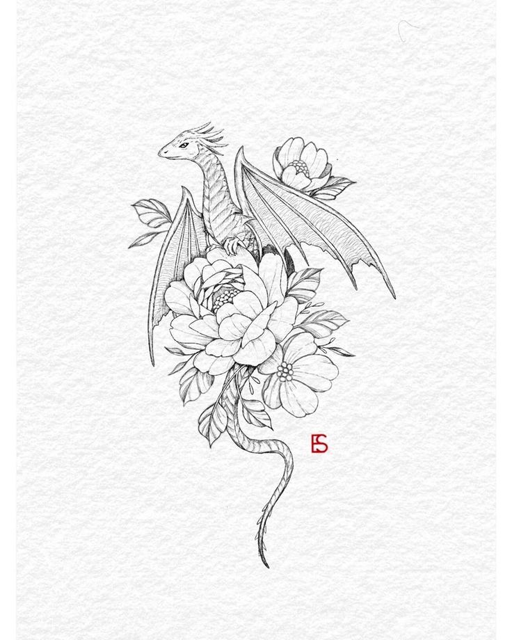 a drawing of a dragon with flowers on it