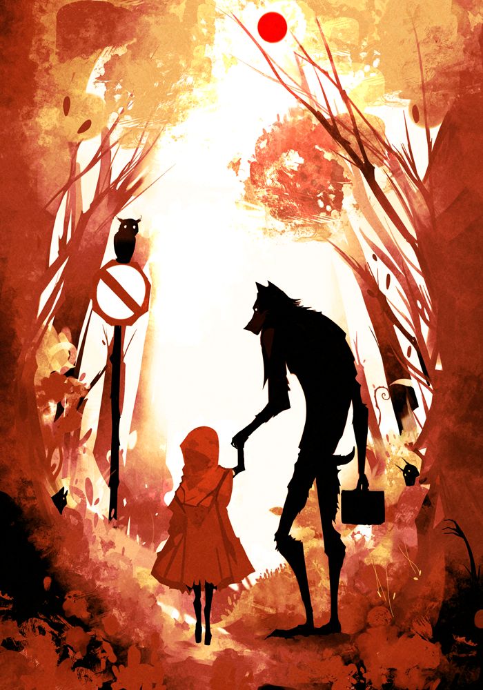 an illustration of a girl holding the hand of a wolf in front of a forest