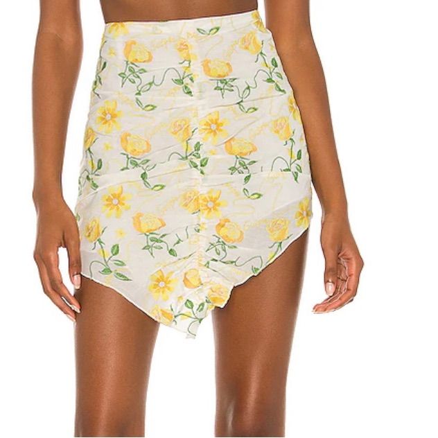 Danielle Guizio Floral Embroidered Asymmetrical Mini Skirt. Partially Lined, Ruched Siding Back Zipper Closure Never Worn!! Fitted Asymmetrical Wrap Skirt For Brunch, Spring Mini Length Wrap Skirt, Fitted Floral Embroidered Mini Skirt For Summer, Fitted Wrap Skirt For Summer Brunch, Asymmetrical Beach Mini Skirt, Asymmetrical Mini Skirt For Beach, Spring Brunch Fitted Wrap Skirt, Yellow Bottoms With Floral Embroidery For Summer, Spring Yellow Bottoms With Floral Embroidery