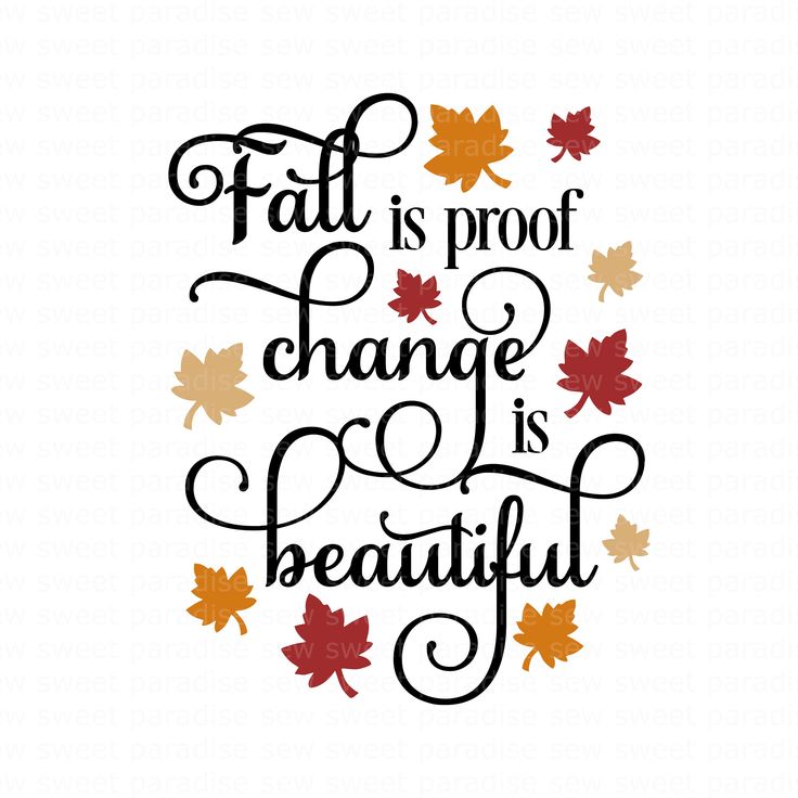 the phrase fall is proof change is beautiful in black and orange leaves on a white background