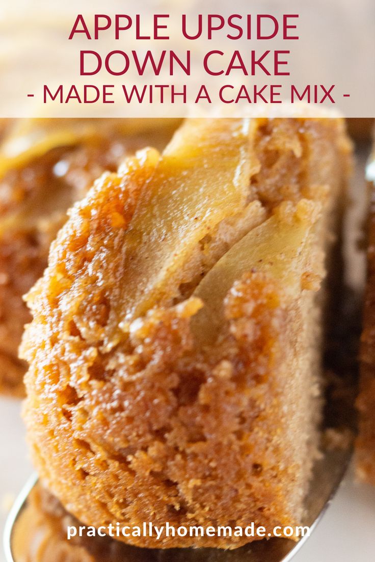 an apple upside down cake on a spoon with the words, made with a cake mix