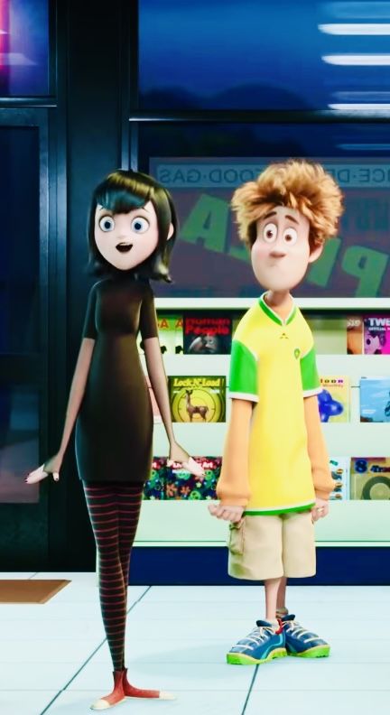 the animated characters are standing in front of a store