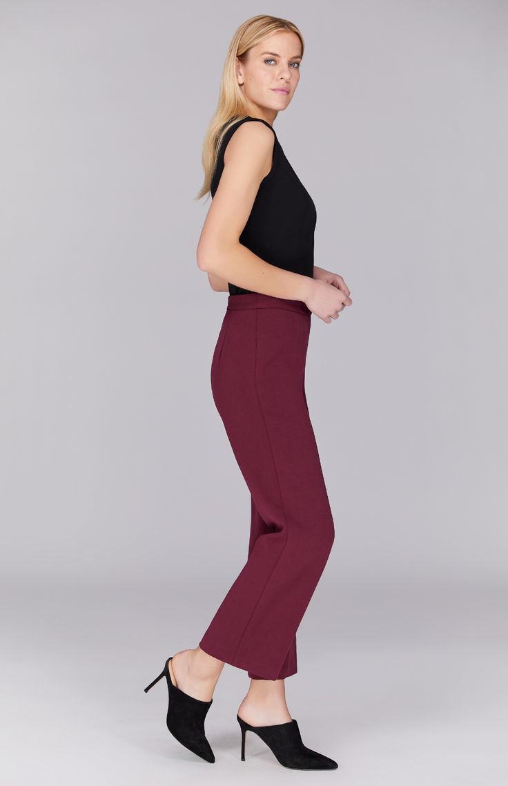 A classic straight leg pant with all the right details. Cut in a comfortable and luxurious Italian double face fabric, this ankle length pant has a beautiful drape and weight and is finished with a simple back zip to maintain a clean front. NOTE: This pant runs generously and most people have sized down from their typical Mi Jong Lee pant size. Elegant Office Pants With Pull-on Style, Elegant Wide Leg Pull-on Pants For Work, Elegant Ankle-length Dress Pants With 4-way Stretch, Elegant 4-way Stretch Ankle-length Dress Pants, Elegant Ankle-length 4-way Stretch Dress Pants, Chic Stretch Pants With Straight Silhouette, Sleek Stretch Pants With Straight Silhouette, Chic Straight Silhouette Pants For Fall, Elegant Tapered Leg Dress Pants With 4-way Stretch