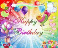 a birthday card with balloons, presents and gifts on a rainbow colored background that says happy birthday