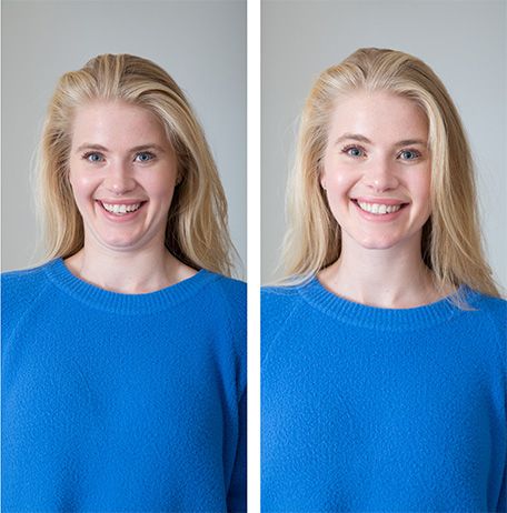 two pictures of a woman with blonde hair and blue sweater smiling at the camera, both side by side