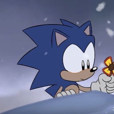 sonic the hedgehog holding a butterfly in his right hand and pointing to it with its left