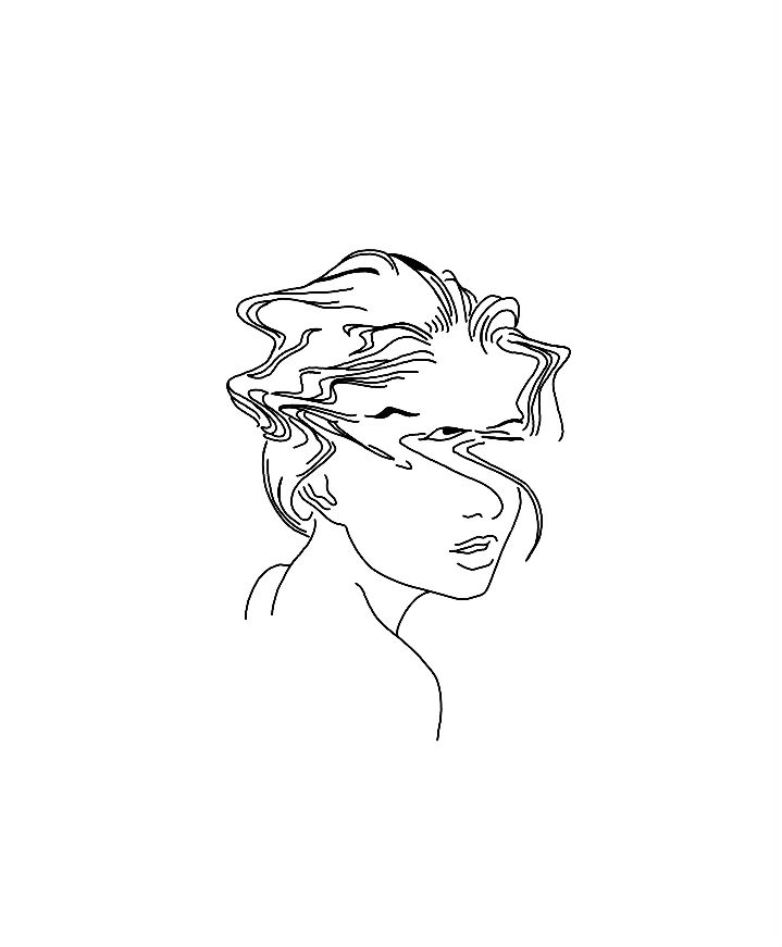 a black and white drawing of a woman's face with her hair pulled back