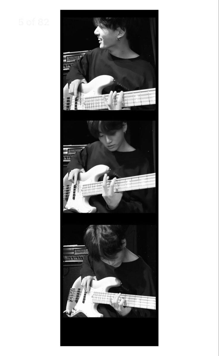 a man playing an electric bass guitar in three different pictures, one is black and white