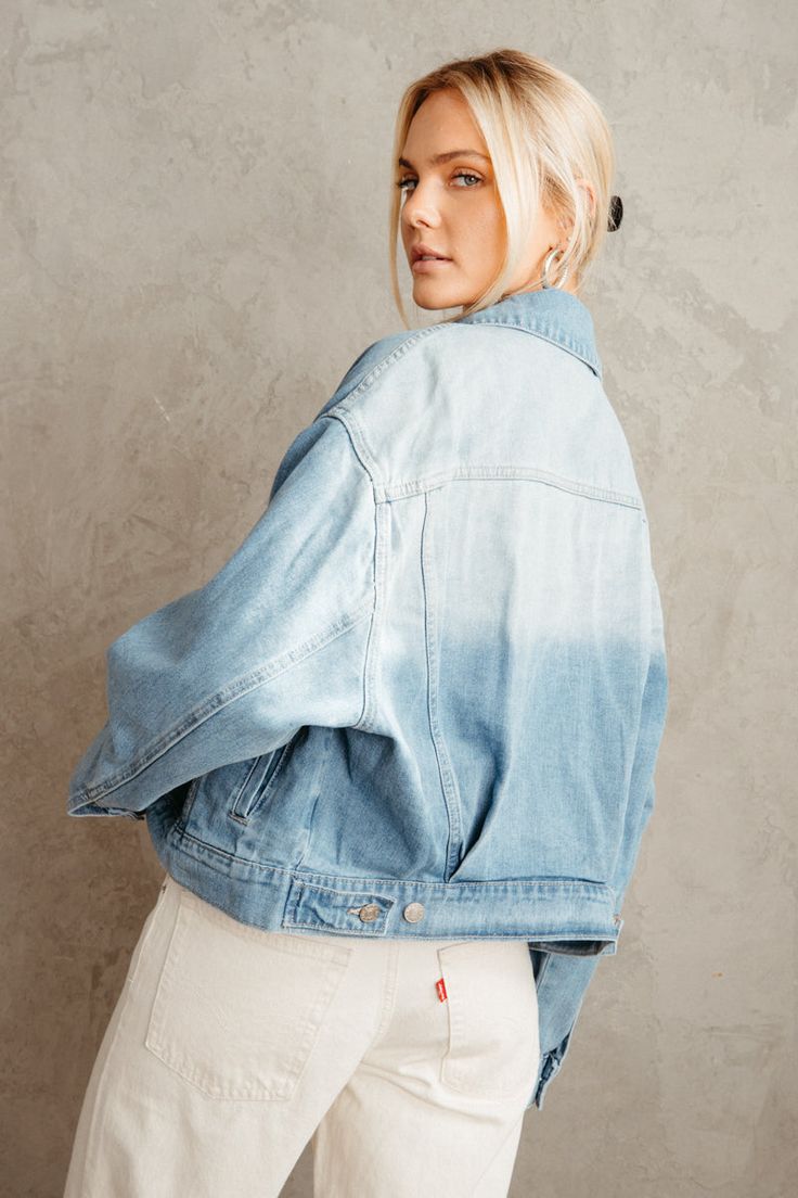 You'll never go out of style in the Daria Denim Jacket! This denim jacket is made of a medium wash denim and features a collared neckline, buttoning pockets and cuffs, front welted pockets, and a full button placket. Pair with the Levi's Baggy Dad Jeans in Barely Freezing to compete this trendy and casual look! Details 92% Cotton, 3% Viscose, 5% Polyester Unlined Adjustable sides﻿ Hand wash cold / Line dry American Threads, Dad Jeans, Ruffled Maxi Dress, Sweater Sale, Lace Ruffle, Casual Jacket, Bodycon Mini Dress, Button Placket, Out Of Style