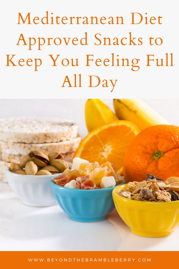 three bowls filled with food and the words mediterranean diet approved snacks to keep you feeling full all day