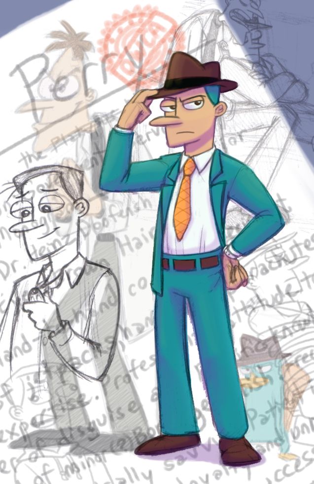 a drawing of a man in a suit and tie standing next to another man with his hand on his head