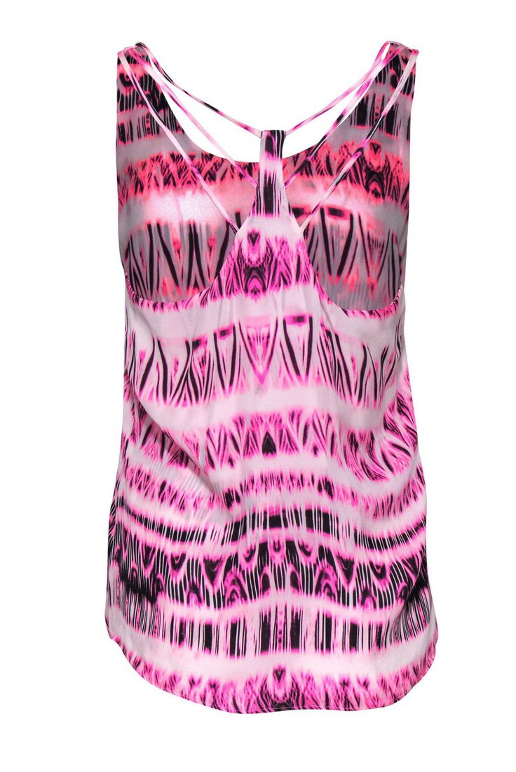 Add a fun pop of color to your summertime wardrobe with this silk tank from Parker! With an airbrushed tribal print, this is a laid back top to wear with all your favorite denim shorts and skirts! Lace up some chunky sneakers for a trendy, casual look. Size S 100% Silk Racerback design Scoop neckline Fully lined No closures Waist 26" Total length 26" Trendy Abstract Print Tops For Vacation, Trendy Tops With Bold Print For The Beach, Trendy Tops With Bold Print For Beach, Trendy Beach Top With Abstract Print, Trendy Printed Summer Tank Top, Trendy Summer Printed Tank Top, Trendy Beach Tops With Bold Print, Multicolor Graphic Print Tops For Beachwear, Trendy Printed Tank Top For Summer