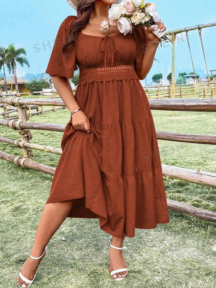 Style:Casual \nType:A Line \nWaist Line:High Waist \nDetails:Knot \nHem Shaped:Layered/Tiered \nSleeve Type:Puff Sleeve \nDetails:Ruffle Hem \nNeckline:Square Neck \nDetails:Shirred \nColor:Rust Brown \nPattern Type:Plain \nSleeve Length:Short Sleeve \nLength:Long \nFit Type:Regular Fit \nFabric:Non-Stretch \nMaterial:Woven Fabric \nComposition:97.0% Polyester \nComposition:3.0% Elastane \nCare Instructions:Machine wash, do not dry clean \nPockets:No \nSheer:No \n Country Dresses, Plus Size Dress, Ruffle Hem, Plus Clothing, Square Neck, Plus Size Dresses, Engagement Photos, Woven Fabric, Puff Sleeve