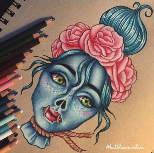 a drawing of a woman's face with flowers in her hair and blue skin