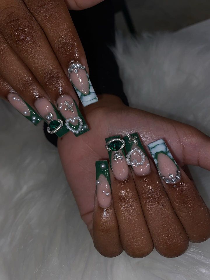 Birthday Green Nails, Green Nails Jewels, Green Acrylic Nails With Charms, Green Emerald Nails Short, Extra Birthday Nails Green, Dark Green Nail Inspo Short, Green Nails Charms, Emerald Green Nails Medium Length, Short Green Acrylic Nails Designs