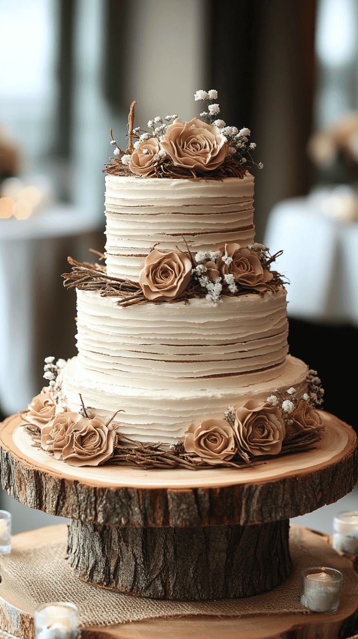 a three tiered wedding cake with flowers on the top is sitting on a tree stump