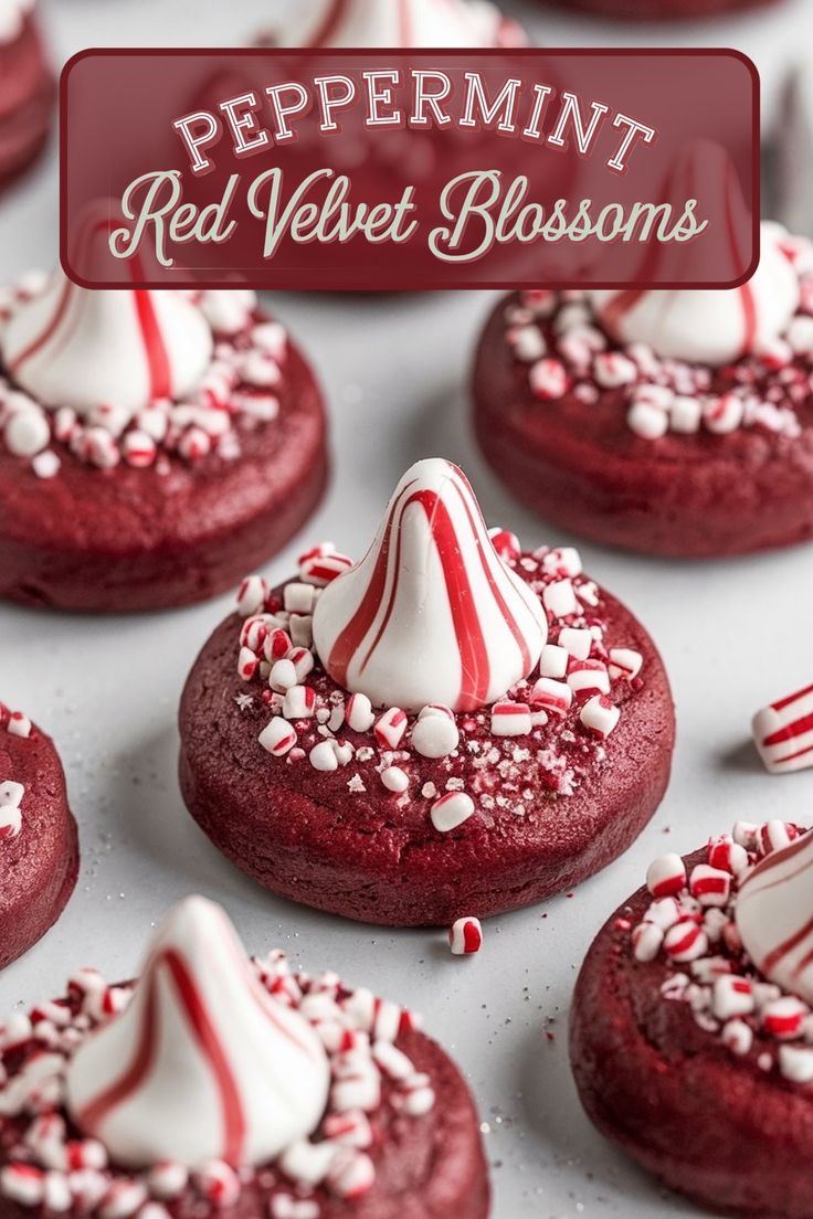 peppermint red velvet blossom cookies with white and red sprinkles