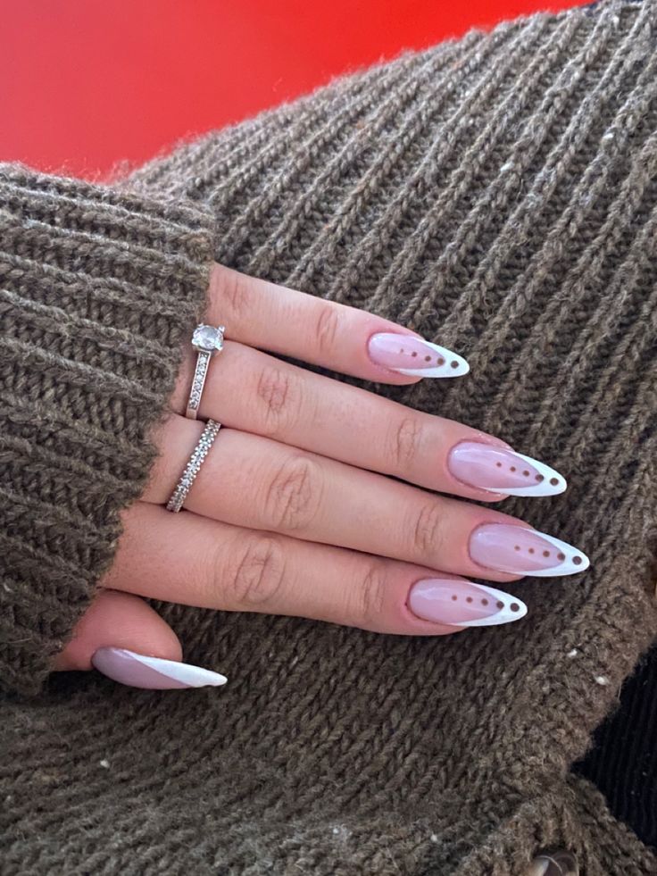 Fun French Nails Almond, Super Cool Nail Designs, French With Dots Nails, Dotted French Tip Nails, French Tip Nails With Dots, Neutral Nails Acrylic, Colored Acrylic Nails, Dots Nails, Soft Nails