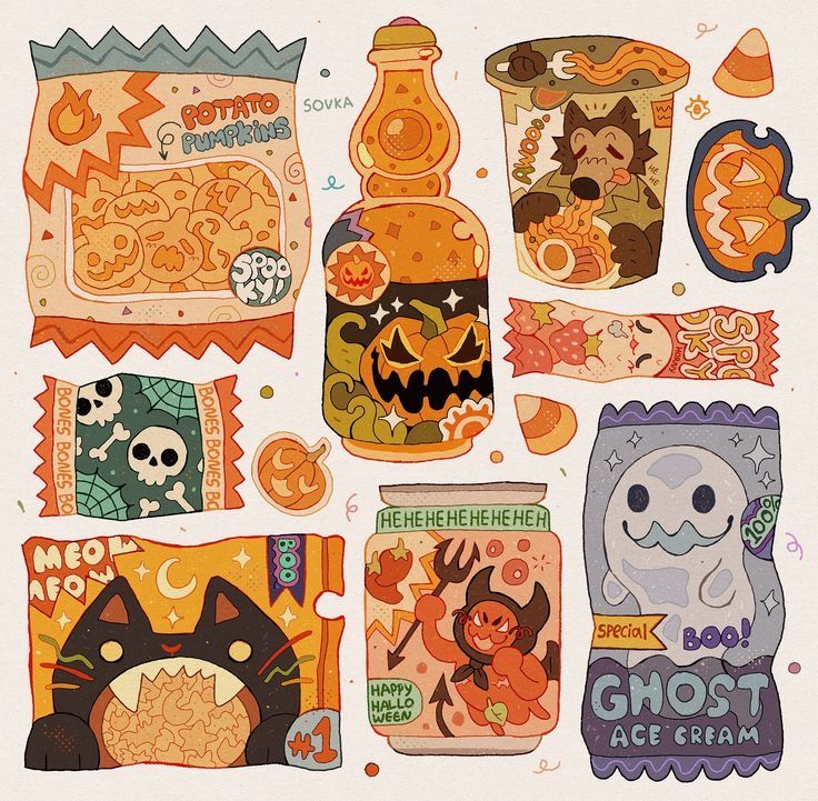 an assortment of halloween themed items on a white background with orange and blue accents, including candy