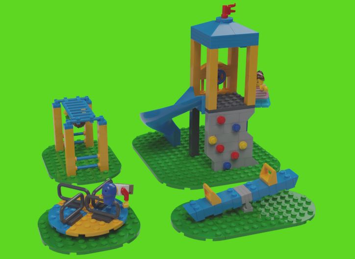 three lego toys are shown in the shape of children's playgrounds and playsets