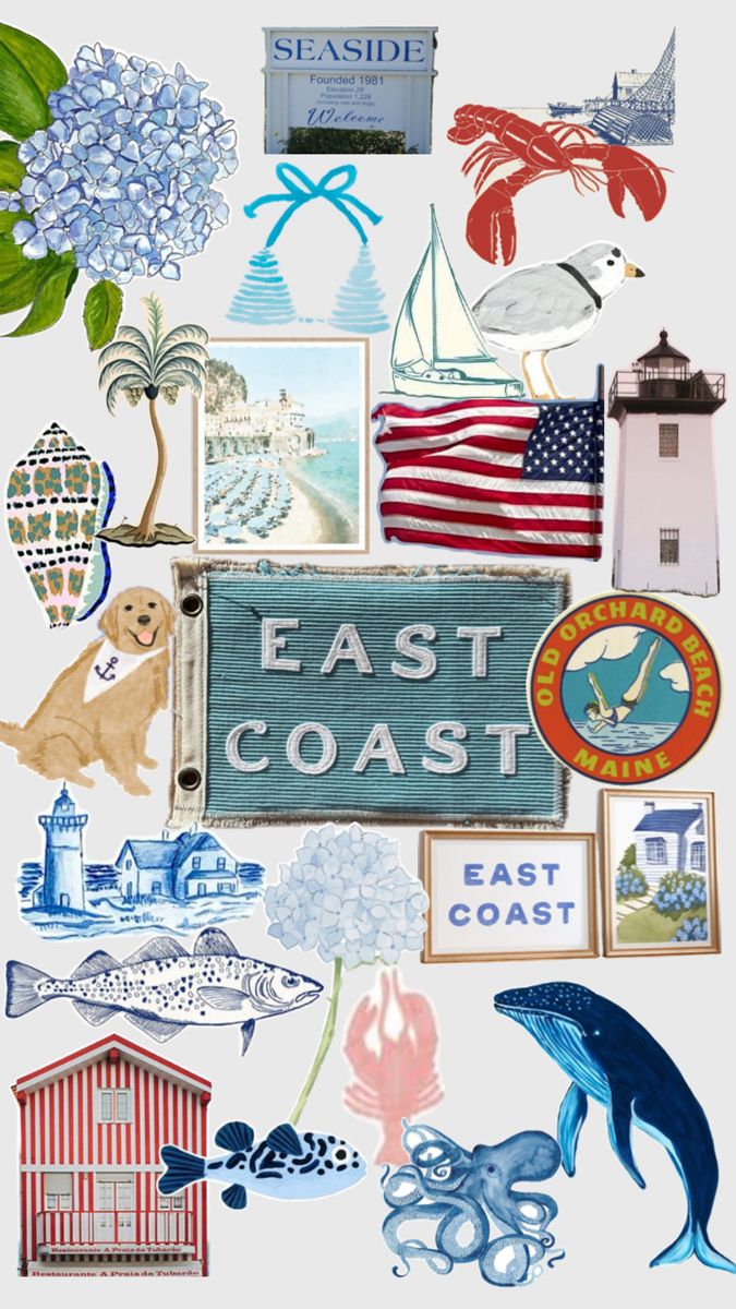 a collage of various pictures with the words east coast written in white and blue