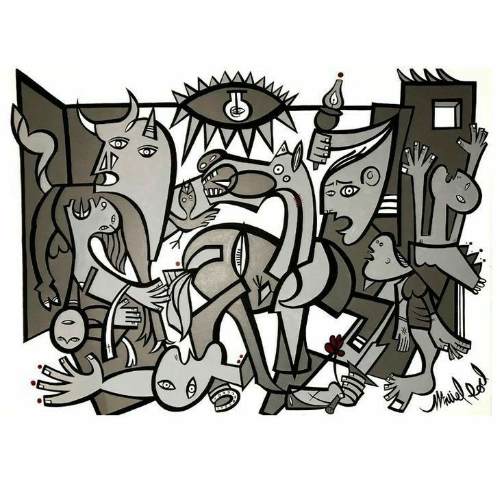 an abstract drawing of people and animals in front of a wall with graffiti on it