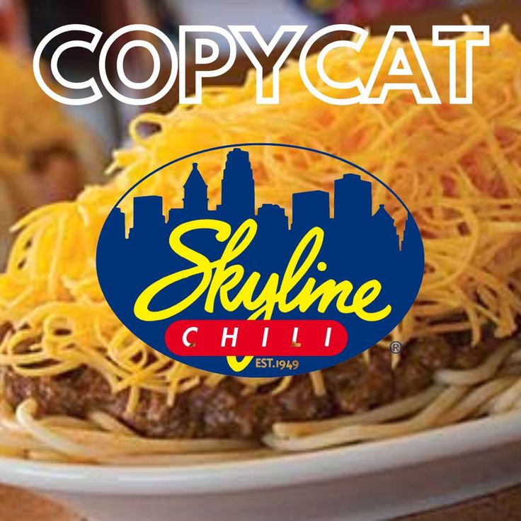 the logo for skyline chili is shown on top of a plate with noodles and cheese