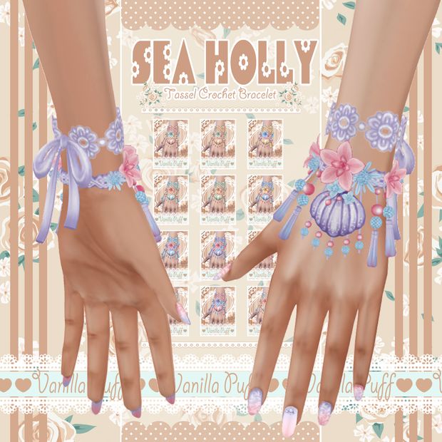 two hands wearing bracelets with seashells and flowers on them are shown in front of an ornate background