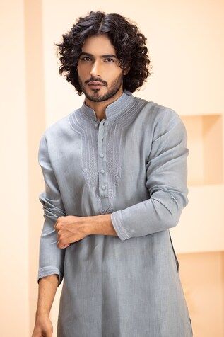 Turquoise linen kurta with placed dori embroidery on front yoke. Paired with a matching plain aligadhi. - Aza Fashions Dori Embroidery, Men Kurta, Embroidered Linen, Aza Fashion, Types Of Sleeves, Turquoise, For Men, Embroidery, Fashion Design