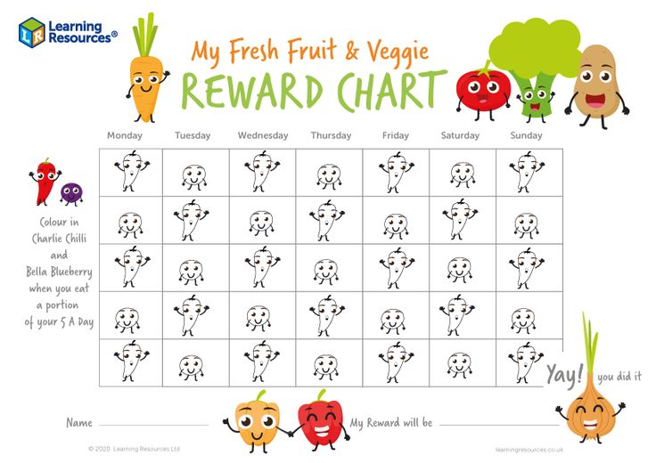 a reward chart with cartoon vegetables and faces on the front, which says my fresh fruit & veggie reward chart