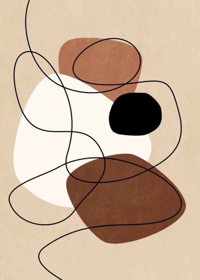 an abstract painting with black and white circles on it's face, against a beige background