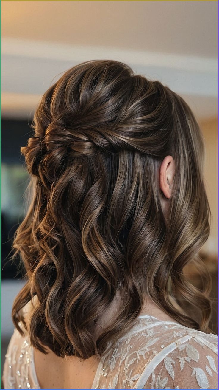 Half Up Half Down Wedding Hair For Medium Hair, Hairstyles For Medium Length Hair Bridal, Wedding Medium Hairstyles Half Up, Layered Bridesmaid Hair, Medium Hair Wedding Styles Half Up, Short Wedding Hair Half Up Half Down, Hair Styles Medium Length Wedding, Curls Styles Hairstyles, Short Hair Curled Half Up Half Down