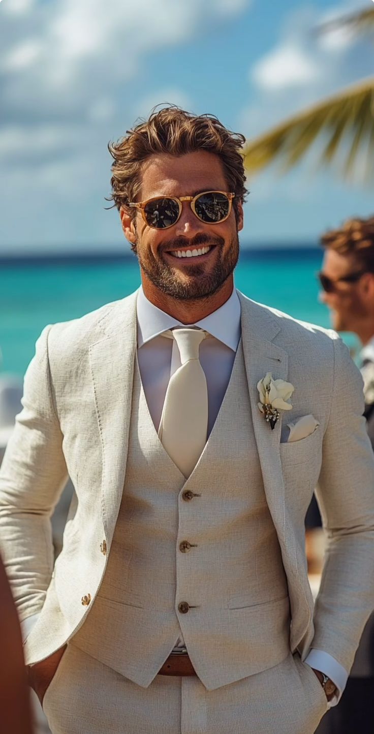 a man in a suit and sunglasses standing on the beach