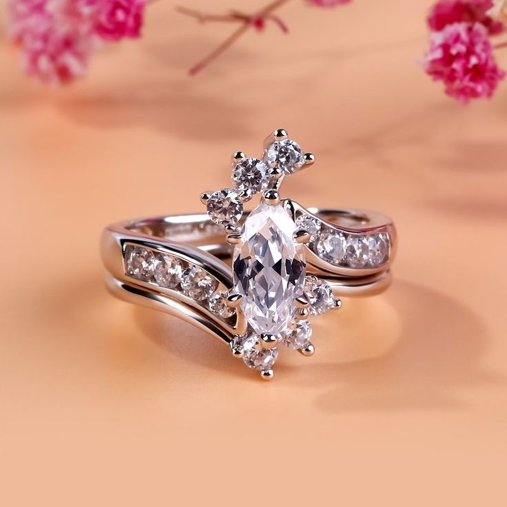 Bypass Marquise Cut Sterling Silver Ring Set Marquis Diamond, Jeulia Jewelry, White Sapphire Engagement Ring, Horse Eye, Moissanite Bridal Sets, Sterling Silver Rings Set, Silver Ring Set, Ring Ideas, Zircon Ring