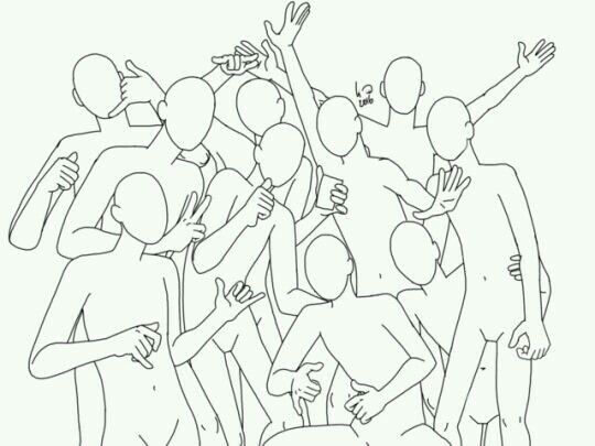 a black and white line drawing of people standing in front of each other with their hands up