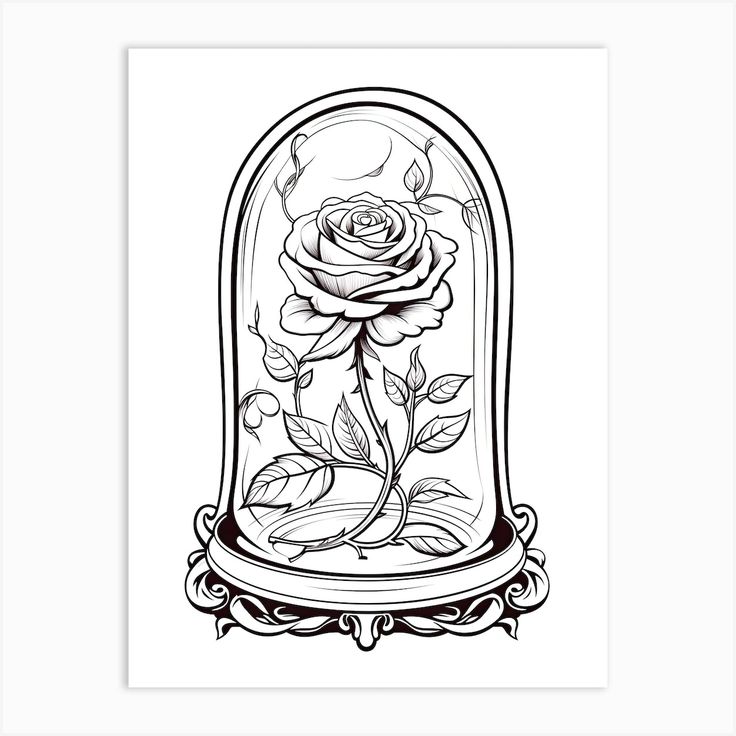 a black and white drawing of a rose in a glass dome