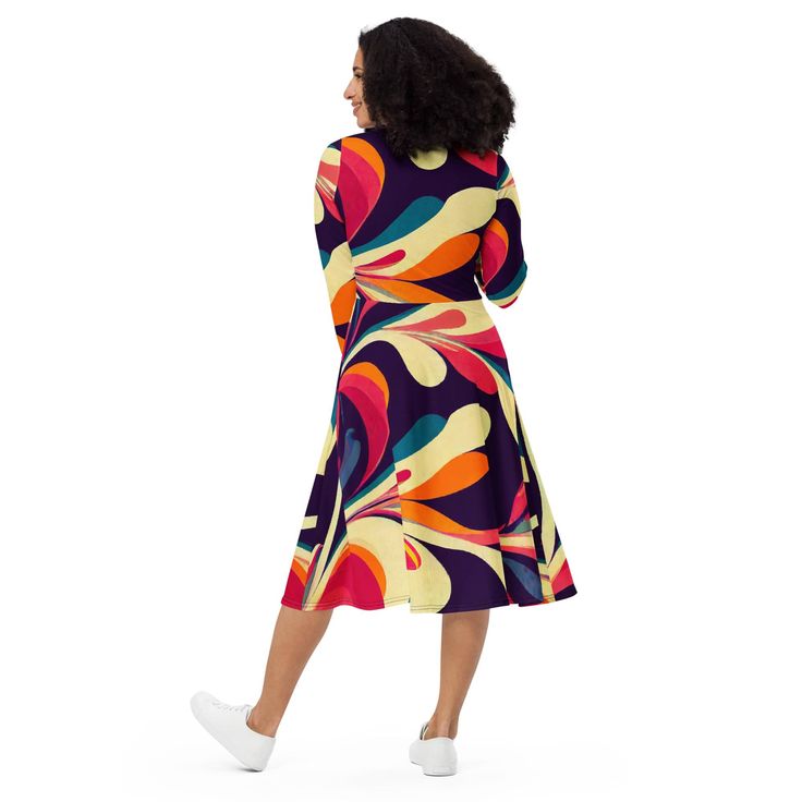 A groovy fusion of retro and modern style! This fab psychedelic midi dress blends far out vibes with timeless elegance. Its soft fabric and flattering cut will ensure you feel comfortable and feminine all day long. Plus, the fitted waist and flared bottom part of the dress will accentuate the wearer’s naturally beautiful silhouette. The best part about the dress? It. Has. Pockets. • 95% polyester, 5% elastane (fabric composition may vary by 1%) • Fabric weight: 6.19 oz/yd2 (210 g/m2) (weight may Retro A-line Midi Dress For Fall, Fitted Multicolor A-line Midi Dress, Multicolor Dresses With Vibrant Print For Fall, Fall Multicolor Dress With Vibrant Print, Multicolor Abstract Print Midi Dress, Multicolor Graphic Print Midi Dress For Spring, Multicolor Patterned Midi Dress, Retro Knee-length Midi Dress, Colorful Pattern Multicolor Midi Dress