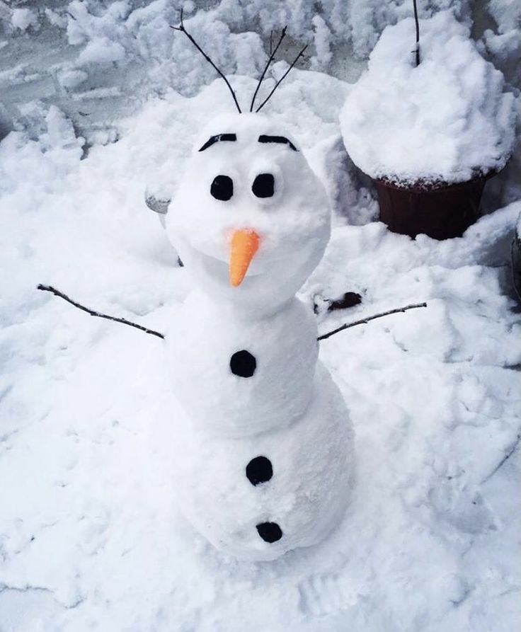 a snowman is standing in the snow with his nose sticking out and eyes wide open