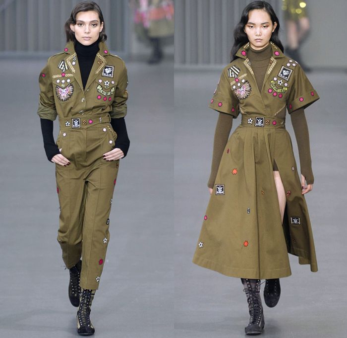 Temperley London 2018-2019 Fall Autumn Winter Womens Runway Catwalk Looks - London Fashion Week Collections UK - Trail Blazers 1940s Forties Aviator Pilot Military Badges Patches Khaki Fatigues Sheer Chiffon Tulle Geometric Ribbon Embroidery Bedazzled Sequins Clouds Stars Stripes Mesh Fishnet Silk Satin Fur Shearling Quilted Waffle Overcoat Kimono Blouse Shirt Turtleneck Sweater Field Flight Jacket Pantsuit Maxi Dress Gown Eveningwear Wide Leg Cutout Shoulders Combat Boots Wide Belt Pilot Outfit Women, Military Jacket Women Outfit, Military Outfits Women, Geometric Outfit, Military Jacket Outfit, Aviator Outfit, Combat Fashion, Camo Jacket Women, Military Inspired Outfit