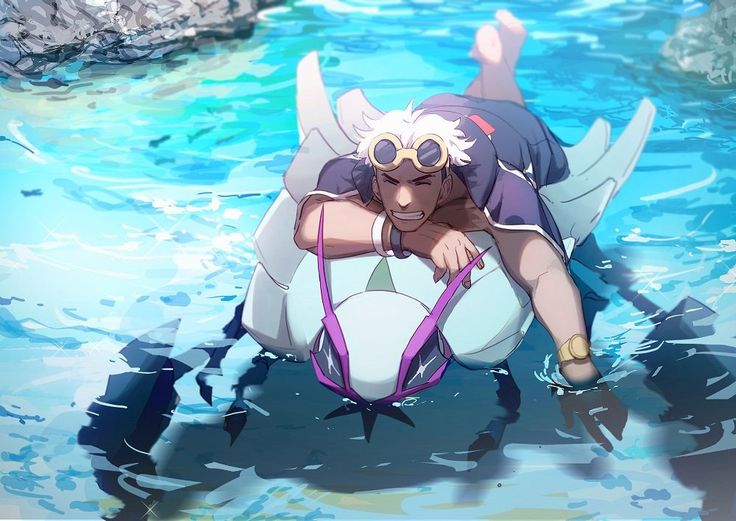 an anime character floating on top of a body of water